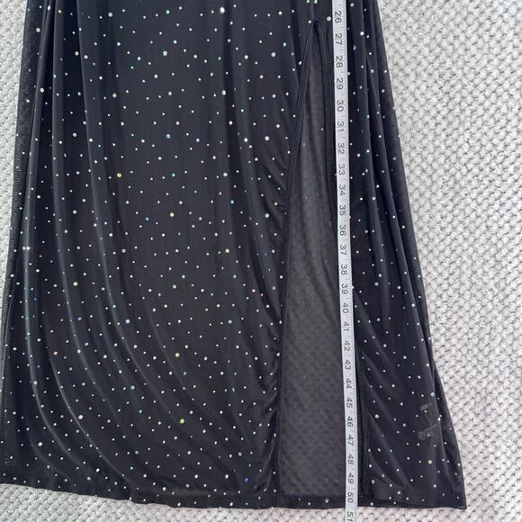 Shein Dress Womens L Black Rhinestone Sheer Slip Maxi Dress Front Slit Party - Picture 9 of 12